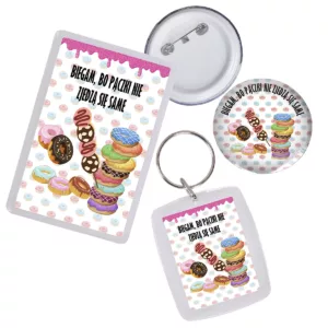 Biegam bo pączki nie zjedzą się same - magnes + brelok + przypinka - PĄCZKI